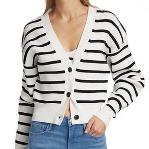 FRAME Relaxed Striped Rib-Knit Cardigan - black and white stripe Sz M NWOT